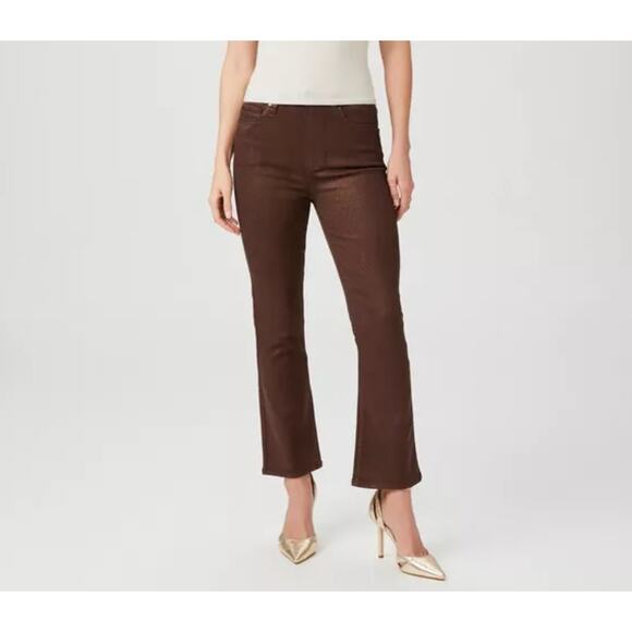 PAIGE Claudine Bronze Shimmer Luxe Coating Ankle Flare Jeans Size 26 - Picture 2 of 16
